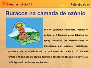Ciências . Aula 01 Buracos na camada de ozônio Poluição do ar O CFC (clorofluorcarboneto) destrói o  ozônio, e é liberado pelas latinhas de  spray aerossol (de desodorantes e  inseticidas, por exemplo), geladeiras, aparelhos de ar condicionado e extintores de incêndio. O buraco formado na camada de ozônio permite a passagem dos raios ultravioleta do Sol gerando várias conseqüências. 