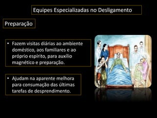 Equipes Especializadas no Desligamento 
Preparação 
• Fazem visitas diárias ao ambiente 
doméstico, aos familiares e ao 
próprio espírito, para auxílio 
magnético e preparação. 
• Ajudam na aparente melhora 
para consumação das últimas 
tarefas de desprendimento. 
 