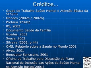 Créditos... Grupo de Trabalho Saúde Mental e Atenção Básica da SES/RS Mendes (2002a / 2002b) Portaria 373/02 RS, 2002 Documento Saúde da Família Guedes, 2001 Souza, 2002 Silveira (2003, p.44) OMS, Relatório sobre a Saúde no Mundo 2001 Alves, 2001 Benedetto Sarraceno, 2001 Oficina de Trabalho para Discussão do Plano  Nacional de Inclusão das Ações de Saúde Mental  na Atenção Básica(2001) 