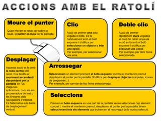 ACCIONS AMB EL RATOLÍMoure el punterQuan movem el ratolí per sobre la taula, el punter es mou per la pantalla.ClicAcció de prémer una sola vegada el botó. Es fa habitualment amb el botó esquerre i s'utilitza per seleccionar un objecte o triar una opció. Per exemple, per seleccionar una eina.Doble clicAcció de prémer ràpidament dues vegades el botó del ratolí. Aquesta acció es fa amb el botó esquerre i s'utilitza per executar una acció. Per exemple, per obrir l'eina seleccionada.DesplaçarAquesta acció es fa amb la roda central del ratolí. Ens facilita el moviment ascendent i descendent per la pantalla en l'ús d'algunes aplicacions, com ara els processadors de text o les finestres dels navegadors d'Internet. És l'alternativa a la barra de desplaçament vertical.ArrossegarSeleccionem un element prement el botó esquerre; mentre el mantenim premut desplacem el punter per la pantalla. S'utilitza per desplaçar objectes (carpetes, icones de programes...). Per exemple, per canviar de lloc l'eina seleccionada.SeleccionsPremem el botó esquerre en una part de la pantalla sense seleccionar cap element concret i, mentre el mantenim premut, desplacem el punter per la pantalla. Anem seleccionant tots els elements que trobem en el recorregut de la nostra selecció.