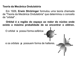 Teoria da Mecânica Ondulatória
  Em 1926, Erwin Shröringer formulou uma teoria chamada
de "Teoria da Mecânica Ondulatória" que determinou o conceito
de "orbital" .
   Orbital é a região do espaço ao redor do núcleo onde
existe a máxima probalidade de se encontrar o elétron.

   O orbital s possui forma esférica ...
................


    e os orbitais p possuem forma de halteres......
 