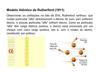 Modelo Atômico de Rutherford (1911)
Observando as cintilações na tela de ZnS, Rutherford verificou que
muitas partículas "alfa" atravessavam a lâmina de ouro, sem sofrerem
desvio, e poucas partículas "alfa" sofriam desvio. Como as partículas
"alfa" têm carga elétrica positiva, o desvio seria provocado por um
choque com outra carga positiva, isto é, com o núcleo do átomo,
constituído por prótons.
 