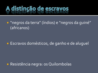  “negros da terra” (índios) e “negros da guiné”
(africanos)
 Escravos domésticos, de ganho e de aluguel
 Resistência negra: os Quilombolas
 