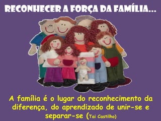 Reconhecer a força da família...

A família é o lugar do reconhecimento da
diferença, do aprendizado de unir-se e
separar-se (Tai Castilho)

 