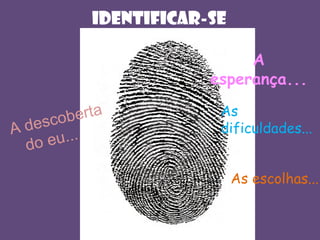 IDENTIFICAr-SE
As escolhas...
As
dificuldades...
A
esperança...
A descoberta
do eu...
 