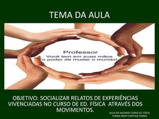 TEMA DA AULA

OBJETIVO: SOCIALIZAR RELATOS DE EXPERIÊNCIAS
VIVENCIADAS NO CURSO DE ED. FÍSICA ATRAVÉS DOS
MOVIMENTOS.
AULA DA SAUDADE CURSO ED. FÍSICA
TURMA PROFª CRISTINA TORRES

 