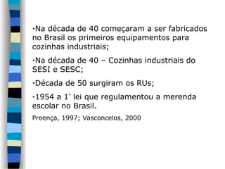 •Na década de 40 começaram a ser fabricados
no Brasil os primeiros equipamentos para
cozinhas industriais;
•Na década de 40 – Cozinhas industriais do
SESI e SESC;
•Década de 50 surgiram os RUs;
•1954 a 1 lei que regulamentou a merenda
escolar no Brasil.
Proença, 1997; Vasconcelos, 2000
 