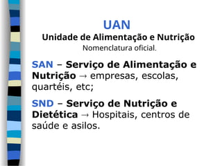 UAN
Unidade de Alimentação e Nutrição
Nomenclatura oficial.
SAN – Serviço de Alimentação e
Nutrição  empresas, escolas,
quartéis, etc;
SND – Serviço de Nutrição e
Dietética  Hospitais, centros de
saúde e asilos.
 