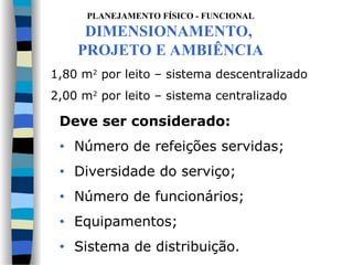 PLANEJAMENTO FÍSICO - FUNCIONAL
DIMENSIONAMENTO,
PROJETO E AMBIÊNCIA
1,80 m2
por leito – sistema descentralizado
2,00 m2
por leito – sistema centralizado
Deve ser considerado:
• Número de refeições servidas;
• Diversidade do serviço;
• Número de funcionários;
• Equipamentos;
• Sistema de distribuição.
 