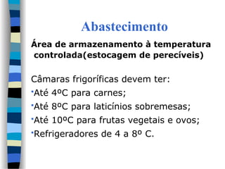 Abastecimento
Área de armazenamento à temperatura
controlada(estocagem de perecíveis)
Câmaras frigoríficas devem ter:
Até 4ºC para carnes;
Até 8ºC para laticínios sobremesas;
Até 10ºC para frutas vegetais e ovos;
Refrigeradores de 4 a 8º C.
 