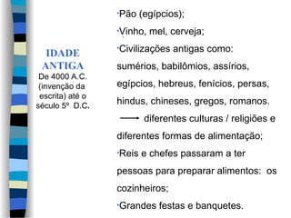 IDADE
ANTIGA
De 4000 A.C.
(invenção da
escrita) até o
século 5º D.C.
-
•Pão (egípcios);
•Vinho, mel, cerveja;
•Civilizações antigas como:
sumérios, babilômios, assírios,
egípcios, hebreus, fenícios, persas,
hindus, chineses, gregos, romanos.
diferentes culturas / religiões e
diferentes formas de alimentação;
•Reis e chefes passaram a ter
pessoas para preparar alimentos: os
cozinheiros;
•Grandes festas e banquetes.
 