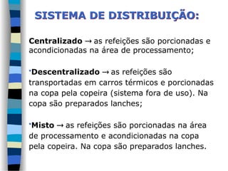 Centralizado  as refeições são porcionadas e
acondicionadas na área de processamento;
Descentralizado  as refeições são
transportadas em carros térmicos e porcionadas
na copa pela copeira (sistema fora de uso). Na
copa são preparados lanches;
Misto  as refeições são porcionadas na área
de processamento e acondicionadas na copa
pela copeira. Na copa são preparados lanches.
SISTEMA DE DISTRIBUIÇÃO:
 