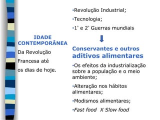 IDADE
CONTEMPORÂNEA
Da Revolução
Francesa até
os dias de hoje.
•Revolução Industrial;
•Tecnologia;
•1 e 2 Guerras mundiais
Conservantes e outros
aditivos alimentares
•Os efeitos da industrialização
sobre a população e o meio
ambiente;
•Alteração nos hábitos
alimentares;
•Modismos alimentares;
•Fast food X Slow food
 