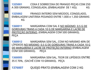 1325001 COXA E SOBRECOXA DE FRANGO PEÇAS COM 250
A 300 GRAMAS, CONGELADA, (EMBALAGEM DE 1 KG). KG
1325002 FRANGO INTEIRO SEM MIÚDOS, CONGELADO,
EMBALAGEM UNITÁRIA PESANDO ENTRE 1.000 e 1.350 GRAMAS
KG
1368011 MARGARINA COM SAL E NO MÁXIMO 0,5 G DE
GORDURAS TRANS A CADA 10 G DE MARGARINA E LACRE DE
PROTEÇÃO INTERNO, (EMBALAGEM COM 500 GRAMAS).
PEÇA
1368012 MARGARINA SEM SAL, COM NO MÁXIMO 40% DE
LÍPIDEOS NO MÁXIMO 0,5 G DE GORDURAS TRANS A CADA 10 G
DE MARGARINA E LACRE DE PROTEÇÃO INTERNO (EMBALAGEM
COM 500 GRAMAS). PEÇA
1368005 MARGARINA SEM SAL, TEOR DE LIPÍDEOS ENTRE
35 E 70%, (SACHÊ COM 10 GRAMAS). PEÇA
1376007 QUEIJO PRATO (EMBALAGEM COM 2 KG
 