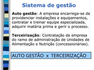 Sistema de gestão
Auto gestão: A empresa encarrega-se de
providenciar instalações e equipamentos,
contratar e treinar equipe especializada,
adquirir matéria prima e gerir o processo.
Terceirização: Contratação de empresa
do ramo de administração de Unidades de
Alimentação e Nutrição (concessionárias).
AUTO GESTÃO x TERCEIRIZAÇÃO
 
