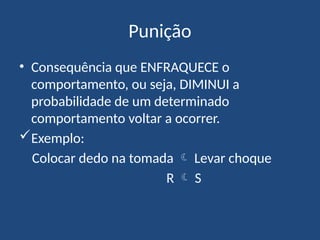 Punição
• Consequência que ENFRAQUECE o
comportamento, ou seja, DIMINUI a
probabilidade de um determinado
comportamento voltar a ocorrer.
Exemplo:
Colocar dedo na tomada  Levar choque
R  S
 