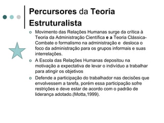 Percursores da Teoria
Estruturalista
   Movimento das Relações Humanas surge da crítica à
    Teoria da Administração Científica e a Teoria Clássica-
    Combate o formalismo na administração e desloca o
    foco da administração para os grupos informais e suas
    interrelações.
   A Escola das Relações Humanas depositou na
    motivação a expectativa de levar o indivíduo a trabalhar
    para atingir os objetivos
   Defende a participação do trabalhador nas decisões que
    envolvessem a tarefa, porém essa participação sofre
    restrições e deve estar de acordo com o padrão de
    liderança adotado.(Motta,1999).
 