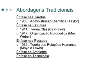 Abordagens Tradicionais
Ênfase nas Tarefas
 1903...Administração Científica (Taylor)
Ênfase na Estrutura
 1911...Teoria Clássica (Fayol)
 1947...Organização Burocrática (Max
  Weber)
Ênfase nas Pessoas
 1932...Teoria das Relações Humanas
  (Mayo e Lewin)
Ênfase no Ambiente
Ênfase no Tecnologia
 