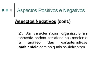 Aspectos Positivos e Negativos

Aspectos Negativos (cont.)

 2º. As características organizacionais
 somente podem ser atendidas mediante
 a    análise   das     características
 ambientais com as quais se defrontam.
 