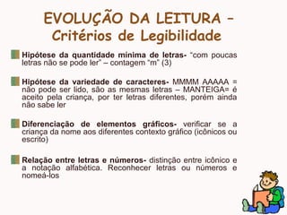 EVOLUÇÃO DA LEITURA –
Critérios de Legibilidade
Hipótese da quantidade mínima de letras- “com poucas
letras não se pode ler” – contagem “m” (3)
Hipótese da variedade de caracteres- MMMM AAAAA =
não pode ser lido, são as mesmas letras – MANTEIGA= é
aceito pela criança, por ter letras diferentes, porém ainda
não sabe ler
Diferenciação de elementos gráficos- verificar se a
criança da nome aos diferentes contexto gráfico (icônicos ou
escrito)
Relação entre letras e números- distinção entre icônico e
a notação alfabética. Reconhecer letras ou números e
nomeá-los
 