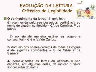 EVOLUÇÃO DA LEITURA
Critérios de Legibilidade
O conhecimento da letras- 1- uma letra
é reconhecida pelo seu possuidor, pertinência ao
nome de alguém conhecido – CA de Carolina, P de
papai;
2- nomeia de maneira estável as vogais e
consoantes – C é o “ca”de Carlos;
3- domínio dos nomes corretos de todas as vogais
e de algumas consoantes – S de Silvia e de
Samara;
4- nomeia todas as letras do alfabeto e são
capazes, em algumas delas, de indicar o valor
sonoro além do nome
 