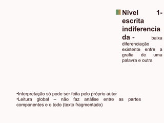 Nível 1-
escrita
indiferencia
da - baixa
diferenciação
existente entre a
grafia de uma
palavra e outra
•Interpretação só pode ser feita pelo próprio autor
•Leitura global – não faz análise entre as partes
componentes e o todo (texto fragmentado)
 