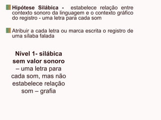 Hipótese Silábica - estabelece relação entre
contexto sonoro da linguagem e o contexto gráfico
do registro - uma letra para cada som
Atribuir a cada letra ou marca escrita o registro de
uma sílaba falada
Nível 1- silábica
sem valor sonoro
– uma letra para
cada som, mas não
estabelece relação
som – grafia
 
