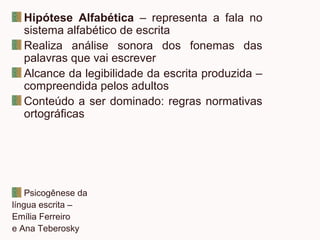 Hipótese Alfabética – representa a fala no
sistema alfabético de escrita
Realiza análise sonora dos fonemas das
palavras que vai escrever
Alcance da legibilidade da escrita produzida –
compreendida pelos adultos
Conteúdo a ser dominado: regras normativas
ortográficas
Psicogênese da
língua escrita –
Emília Ferreiro
e Ana Teberosky
 