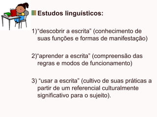Estudos linguísticos:
1)“descobrir a escrita” (conhecimento de
suas funções e formas de manifestação)
2)“aprender a escrita” (compreensão das
regras e modos de funcionamento)
3) “usar a escrita” (cultivo de suas práticas a
partir de um referencial culturalmente
significativo para o sujeito).
 