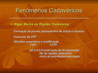 Fenômenos Cadavéricos    Rigor Mortis ou Rigidez Cadavérica Formação de pontes permanentes de actina e miosina Consumo de ATP Glicólise anaeróbica e acidificação  pH  ATP pH 5,0-5,5 (inativação da fermentação) fim da rigidez cadavérica início da putrefação/maturação 