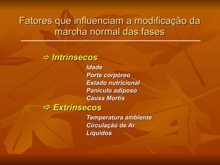 Fatores que influenciam a modificação da marcha normal das fases    Intrínsecos Idade Porte corpóreo Estado nutricional Panículo adiposo Causa Mortis    Extrínsecos Temperatura ambiente Circulação de Ar Líquidos 