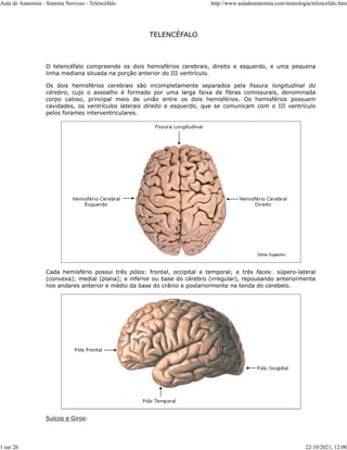 TELENCÉFALO
O telencéfalo compreende os dois hemisférios cerebrais, direito e esquerdo, e uma pequena
linha mediana situada na porção anterior do III ventrículo.
Os dois hemisférios cerebrais são incompletamente separados pela fissura longitudinal do
cérebro, cujo o assoalho é formado por uma larga faixa de fibras comissurais, denominada
corpo caloso, principal meio de união entre os dois hemisférios. Os hemisférios possuem
cavidades, os ventrículos laterais direito e esquerdo, que se comunicam com o III ventrículo
pelos forames interventriculares.
Cada hemisfério possui três pólos: frontal, occipital e temporal; e três faces: súpero-lateral
(convexa); medial (plana); e inferior ou base do cérebro (irregular), repousando anteriormente
nos andares anterior e médio da base do crânio e posteriormente na tenda do cerebelo.
Sulcos e Giros:
Aula de Anatomia - Sistema Nervoso - Telencéfalo http://www.auladeanatomia.com/neurologia/telencefalo.htm
1 sur 26 22/10/2021, 12:00
 