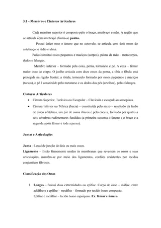 3.1 – Membros e Cinturas Articulares


       Cada membro superior é composto pelo o braço, antebraço e mão. A região que
se articula com antebraço chama-se punho.
          Possui único osso o úmero que no cotovelo, se articula com dois ossos do
antebraço: o rádio e ulma.
       Pulso constitui ossos pequenos e maciços (corpos), palma da mão – metacorpos,
dedos e falanges.
        Membro inferior – formado pela coxa, perna, tornozelo e pé. A coxa – fêmur
maior osso do corpo. O joelho articula com doze ossos da perna, a tíbia e fíbula está
protegida na região frontal, a rótula, tornozelo formado por ossos pequenos e maciços
(tarsos), o pé é constituído pelo metatarso e os dedos dos pés (artelhos), pelas falanges.


Cinturas Articulares
   •   Cintura Superior, Toráxica ou Escapular – Clavícula e escapulo ou omoplaca.
   •   Cintura Inferior ou Pélvica (bacia) – constituída pelo sacro – resultado da fusão
       de cinco vértebras, um par de ossos ilíacos e pelo cóccix, formado por quatro a
       seis vértebras rudimentares fundidas (a primeira sustenta o úmero e o braço e a
       segunda apóia fêmur e toda a perna).


Juntas e Articulações


Junta – Local de junção de dois ou mais ossos.
Ligamento – Estão firmemente unidas às membranas que revestem os ossos e suas
articulações, mantêm-se por meio dos ligamentos, cordões resistentes por tecidos
conjuntivos fibrosos.


Classificação dos Ossos


    1. Longos – Possui duas extremidades ou epífise. Corpo do osso – diáfise, entre
        adiáfise e a epífise – metáfise – formado por tecido ósseo compacto.
        Epífise e metáfise – tecido ósseo esponjoso. Ex. fêmur e úmero.
 