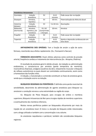 Anestésicos Intravenosos
Etomidato Indução
Anestésica
EV 4 à 8
minutos
Pode causar dor na injeção
Diazepam Amnésia,
hipnótico
EV 30 min. Potencialização do efeito do álcool
Cetamina
(Ketalar)
Indução
Anestésica
EV 5 à 10 min. Alucinações
Midazolan
(Dormonid)
Amnésia,
hipnótico, pré
anestésico
EV, VO
(Comprimido
e Xarope)
30 min. Amnésia
Propofol Indução
Anestésica
EV 4 à 8
minutos
Pode causar dor na injeção
Tiopental Indução
Anestésica
EV 4 à 8
minutos
Apnéia e depressão cardiovascular em
altas doses
ANTAGONISTAS DOS OPIÓIDES: Tem a função de anular a ação de outro
fármaco, revertendo seus efeitos rapidamente. (Ex.: Flumazenil e Narcan)
FÁRMACOS ADJUVANTES: Visam efeitos adversos como controle da pressão
arterial, freqüência cardíaca e tratamento de intercorrências (Ex.: Atropina, Efedrina)
O resultado da anestesia geral é obtido através da inalação ou administração
endovenosa, e caracteriza-se por amnésia (perda temporária da memória),
inconsciência (hipnose), analgesia (ausência da dor), relaxamento muscular e bloqueio
de reflexos autonômicos os quais devem ser controlados continuamente, assim como
a homeostase das funções vitais.
A indução, a manutenção e a emersão constituem as fases da anestesia geral,
sendo que a intubação ocorre na indução.
BLOQUEIOS REGIONAIS OU PERIFÉRICOS: É definida como perda reversível da
sensibilidade, decorrente da administração de agente anestésico para bloquear ou
anestesiar a condução nervosa a uma extremidade ou região do corpo.
Ex: Bloqueio do Plexo Braquial, para cirurgias de ombro e membros
superiores; Bloqueio Intravenoso de Bier para cirurgias rápidas de membros superiores
e eventualmente dos membros inferiores.
Muitos nervos periféricos podem ser bloqueados eficazmente por meio da
injeção de um anestésico local. O inicio e a duração do bloqueio estão relacionados
com a droga utilizada e também com a concentração e seu volume.
As anestesias raquideanas e peridural, também são consideradas bloqueios
regionais.
 