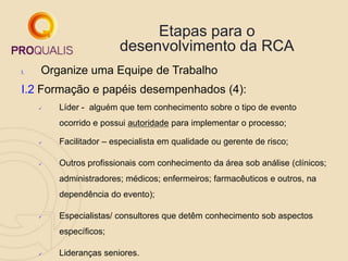 Etapas para o
desenvolvimento da RCA
I. Organize uma Equipe de Trabalho
I.2 Formação e papéis desempenhados (4):
 Líder - alguém que tem conhecimento sobre o tipo de evento
ocorrido e possui autoridade para implementar o processo;
 Facilitador – especialista em qualidade ou gerente de risco;
 Outros profissionais com conhecimento da área sob análise (clínicos;
administradores; médicos; enfermeiros; farmacêuticos e outros, na
dependência do evento);
 Especialistas/ consultores que detêm conhecimento sob aspectos
específicos;
 Lideranças seniores.
 