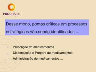 Desse modo, pontos críticos em processos
estratégicos vão sendo identificados ...
 Prescrição de medicamentos
 Dispensação e Preparo de medicamentos
 Administração de medicamentos ...
 
