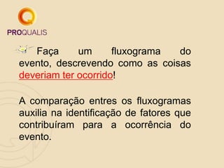 Faça um fluxograma do
evento, descrevendo como as coisas
deveriam ter ocorrido!
A comparação entres os fluxogramas
auxilia na identificação de fatores que
contribuíram para a ocorrência do
evento.
 