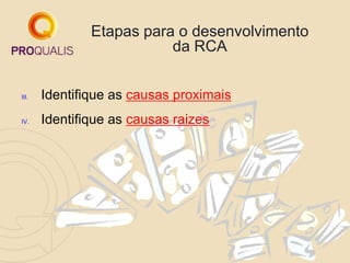 Etapas para o desenvolvimento
da RCA
III. Identifique as causas proximais
IV. Identifique as causas raizes
 