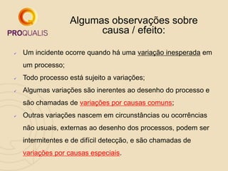 Algumas observações sobre
causa / efeito:
 Um incidente ocorre quando há uma variação inesperada em
um processo;
 Todo processo está sujeito a variações;
 Algumas variações são inerentes ao desenho do processo e
são chamadas de variações por causas comuns;
 Outras variações nascem em circunstâncias ou ocorrências
não usuais, externas ao desenho dos processos, podem ser
intermitentes e de difícil detecção, e são chamadas de
variações por causas especiais.
 