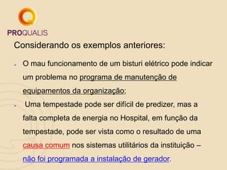 Considerando os exemplos anteriores:
 O mau funcionamento de um bisturi elétrico pode indicar
um problema no programa de manutenção de
equipamentos da organização;
 Uma tempestade pode ser difícil de predizer, mas a
falta completa de energia no Hospital, em função da
tempestade, pode ser vista como o resultado de uma
causa comum nos sistemas utilitários da instituição –
não foi programada a instalação de gerador.
 