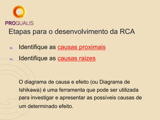 Etapas para o desenvolvimento da RCA
III. Identifique as causas proximais
IV. Identifique as causas raizes
O diagrama de causa e efeito (ou Diagrama de
Ishikawa) é uma ferramenta que pode ser utilizada
para investigar e apresentar as possíveis causas de
um determinado efeito.
 