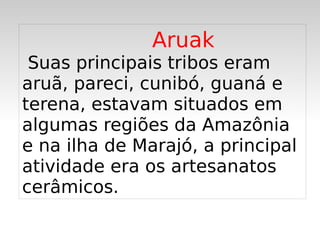 Aruak
     Suas principais tribos eram
    aruã, pareci, cunibó, guaná e
    terena, estavam situados em
    algumas regiões da Amazônia
    e na ilha de Marajó, a principal
    atividade era os artesanatos
    cerâmicos.
                    
 