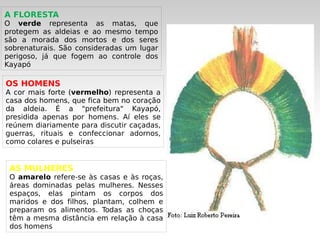 A FLORESTA
O verde representa as matas, que
protegem as aldeias e ao mesmo tempo
são a morada dos mortos e dos seres
sobrenaturais. São consideradas um lugar
perigoso, já que fogem ao controle dos
Kayapó

OS HOMENS
A cor mais forte (vermelho) representa a
casa dos homens, que fica bem no coração
da aldeia. É a "prefeitura" Kayapó,
presidida apenas por homens. Aí eles se
reúnem diariamente para discutir caçadas,
guerras, rituais e confeccionar adornos,
como colares e pulseiras


 AS MULHERES
 O amarelo refere-se às casas e às roças,
 áreas dominadas pelas mulheres. Nesses
 espaços, elas pintam os corpos dos
 maridos e dos filhos, plantam, colhem e
 preparam os alimentos. Todas as choças
 têm a mesma distância em relação à casa
                                         
 dos homens
 