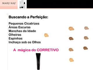 Buscando a Perfeição:
Pequenas Cicatrizes
Áreas Escuras
Manchas da Idade
Olheiras
Espinhas
Inchaço sob os Olhos
A mágica do CORRETIVO
 
