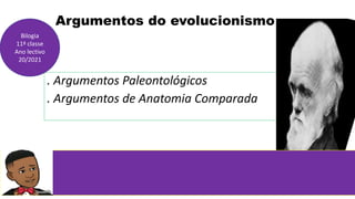 Argumentos do evolucionismo
. Argumentos Paleontológicos
. Argumentos de Anatomia Comparada
Bilogia
11ª classe
Ano lectivo
20/2021
 