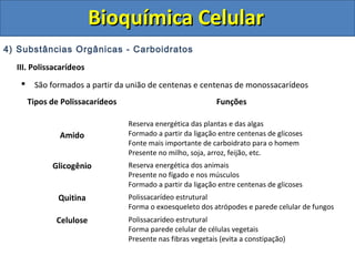 Bioquímica CelularBioquímica Celular
4) Substâncias Orgânicas - Carboidratos
III. Polissacarídeos
 São formados a partir da união de centenas e centenas de monossacarídeos
Tipos de Polissacarídeos Funções
Amido
Reserva energética das plantas e das algas
Formado a partir da ligação entre centenas de glicoses
Fonte mais importante de carboidrato para o homem
Presente no milho, soja, arroz, feijão, etc.
Glicogênio Reserva energética dos animais
Presente no fígado e nos músculos
Formado a partir da ligação entre centenas de glicoses
Quitina Polissacarídeo estrutural
Forma o exoesqueleto dos atrópodes e parede celular de fungos
Celulose Polissacarídeo estrutural
Forma parede celular de células vegetais
Presente nas fibras vegetais (evita a constipação)
 