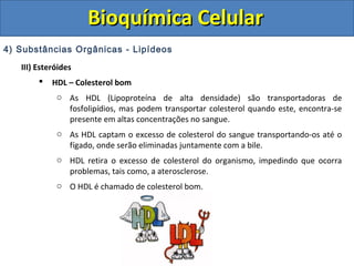Bioquímica CelularBioquímica Celular
4) Substâncias Orgânicas - Lipídeos
III) Esteróides
 HDL – Colesterol bom
o As HDL (Lipoproteína de alta densidade) são transportadoras de
fosfolipídios, mas podem transportar colesterol quando este, encontra-se
presente em altas concentrações no sangue.
o As HDL captam o excesso de colesterol do sangue transportando-os até o
fígado, onde serão eliminadas juntamente com a bile.
o HDL retira o excesso de colesterol do organismo, impedindo que ocorra
problemas, tais como, a aterosclerose.
o O HDL é chamado de colesterol bom.
 