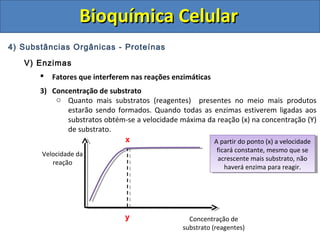 Bioquímica CelularBioquímica Celular
4) Substâncias Orgânicas - Proteínas
V) Enzimas
 Fatores que interferem nas reações enzimáticas
3) Concentração de substrato
o Quanto mais substratos (reagentes) presentes no meio mais produtos
estarão sendo formados. Quando todas as enzimas estiverem ligadas aos
substratos obtém-se a velocidade máxima da reação (x) na concentração (Y)
de substrato.
x
y
Velocidade da
reação
Concentração de
substrato (reagentes)
A partir do ponto (x) a velocidade
ficará constante, mesmo que se
acrescente mais substrato, não
haverá enzima para reagir.
A partir do ponto (x) a velocidade
ficará constante, mesmo que se
acrescente mais substrato, não
haverá enzima para reagir.
 