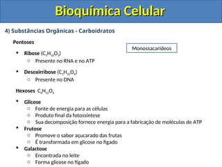 Bioquímica Celular
Bioquímica Celular
4) Substâncias Orgânicas - Carboidratos
Pentoses
 Ribose (C5H10O5)
o Presente no RNA e no ATP
 Desoxirribose (C5H10O4)
o Presente no DNA
Hexoses C6H12O6
 Glicose
o Fonte de energia para as células
o Produto final da fotossíntese
o Sua decomposição fornece energia para a fabricação de moléculas de ATP
 Frutose
o Promove o sabor açucarado das frutas
o É transformada em glicose no fígado
 Galactose
o Encontrada no leite
o Forma glicose no fígado
Monossacarídeos
 
