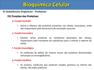 Bioquímica Celular
4) Substâncias Orgânicas - Proteínas

   IV) Funções das Proteínas

       d. Função Contrátil
           o Actina e Miosina são proteínas presentes nas células musculares, onde
             são responsáveis pelo mecanismo de contração muscular.

       e. Função Carreadora
           o Existem várias proteínas na membrana plasmática das células,
             responsáveis pelo transporte de substâncias para o interior e exterior da
             célula.
       f. Função Imunológica
           o As moléculas de defesa do sistema imune são proteínas denominadas
             anticorpos ou imunoglobulinas.

       g. Função Catalítica
           o As enzimas, moléculas que aceleram reações químicas no interior das
             células, são todas proteínas.
 